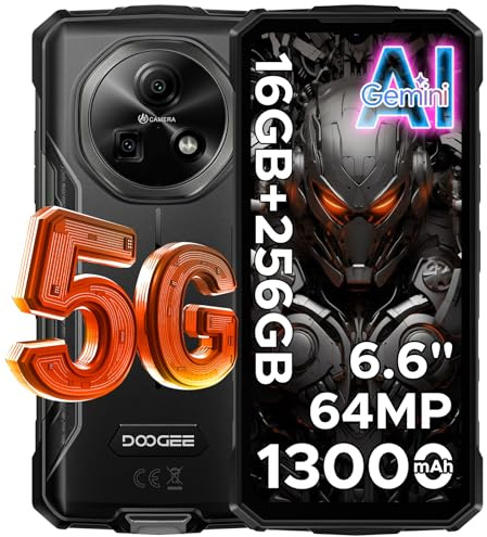 DOOGEE Fire 7 Teléfono Móvil Irrompible 5G, 16GB+256GB/2TB Gemini AI Android 15 Movil, 6,6 13000mAh Móvil Rugerizado, Dimensity 6300 Movil Resistente, 64MP/Dual SIM 5G/OTG/NFC/GPS Moviles Gaming 2025
