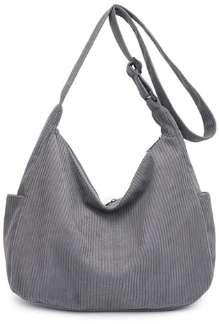 HAIWILL Crossbody Bag Damen Umhängetasche Mittelgroß Cord Halbmond Tasche Hobo Bag Shopper Tasche Damen Beuteltasche Stofftasche Schultertasche für College Schule Arbeit Reisen Einkaufe (Grau)