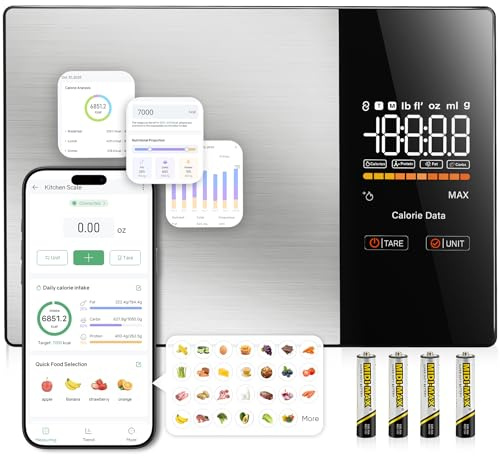 KUAIVO Smart Nutrition Food Scale with LED Display, Tracks Calories, Fat, Carbs & Protein via App, 1g Precision Digital Kitchen Scale for Healthy Eating & Meal Prep