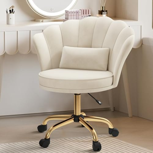 Aivermeil Office Chair, Vanity Swivel Chair, Petal Backrest,with Velvet Padding pillow,Adjustable Height, for Home Office, Study, Bedroom,120kg Load Capacity Beige