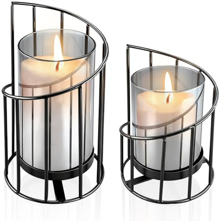 pangdapengpeng 2 Stück Windlicht Kerzenständer Schwarz Set | Metall Kerzenhalter mit Glaszylinder für Stumpenkerzen, Moderne Deko für Wohnzimmer, Tisch, Schlafzimmer & Garten