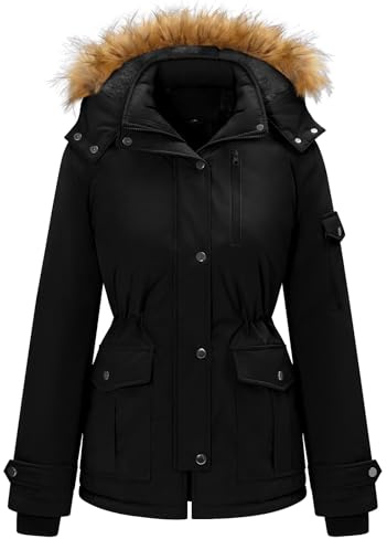 heekpek Cappotto Donna Invernale Lungo Impermeabile Giubbotto Donna Cappotti Invernali Casual Outdoor Parka Donna Invernale con Pelliccia Cappuccio Staccabile e Tasche Multiple, Nero, S