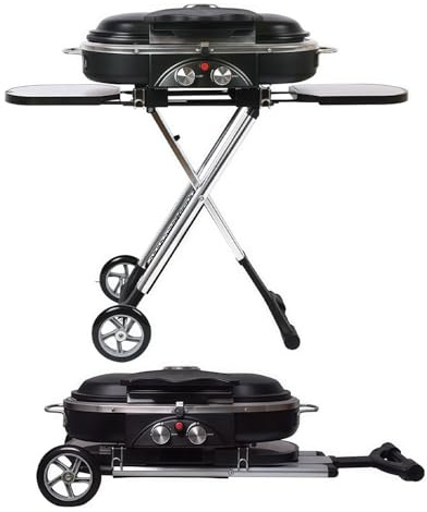 Barbecue D'extérieur Pliable Compact, Barbecue À Gaz Portable À Deux Brûleurs, Verrouillage Automatique du Couvercle Et Thermomètre Intégré, 12,6 Kg, Portable avec Roulettes pour Pique-niques Et