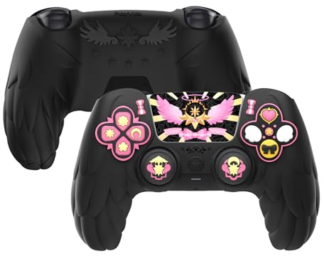 PlayVital Magic Wings Protective Silicone Cover Skin for ps5 Controller – Soft Anti-Slip Grip Protector Case for ps5 Controller with Thumbstick Caps & Stickers, Charging Station Compatible - Black