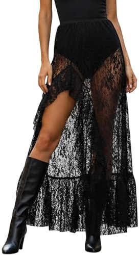 Gonna in pizzo da donna con spaccatura, gonna lunga da donna, sexy, asimmetrica, chic ed elegante, retrò, fluido, prospettiva casual, vestibilità ampia, carnevale Skirts