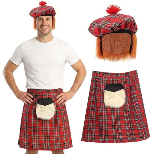 Skotsk skotsk skotsk tartan kostymset: Kilt med bifogad dragkedja Sporran & Tam o' Shanter-hatt med hår - Highland Scotland Burns Night St Andrews Day maskeraddräkt