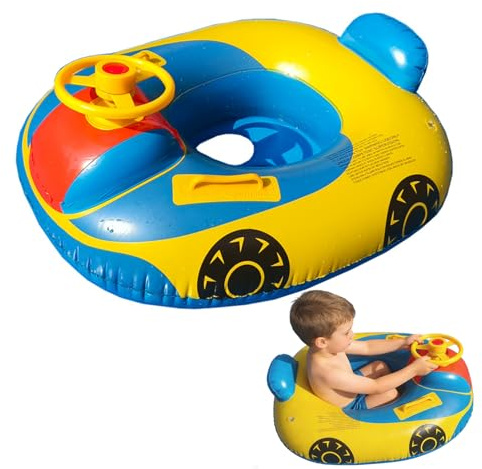 Toddlers Swimming Float with Steering Wheel Inflatable Pool Float for Girls Boys 1-5 Years Cute Car Baby Swim Ring Air Bed Kids Pool Boat Lake Floats Raft Floating Mattress Pools Toys