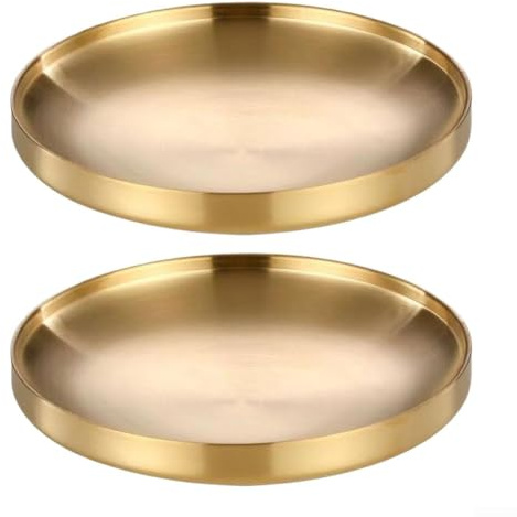 Comgooldool Lot de 2 poêles rondes pour barbecue en acier inoxydable 304 résistant à la chaleur pour grillades en plein air, servir des aliments froids, des sushis, des desserts, pour barbecue, or et