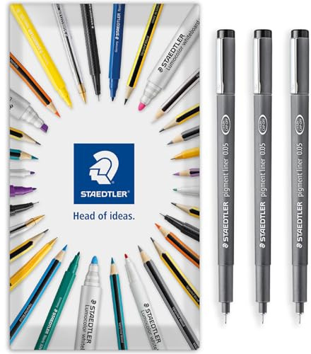 STAEDTLER 308 Pigment Liner Fineliner-penna – perfekt för att skriva, skissa, teknisk ritning, markera ut – svart bläck – i kuvert presentförpackning – 0,05 mm extra fin spetsstorlek – paket med 3