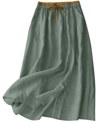Falda de lino para mujer, larga, de algodón, lino, falda boho, ligera, de verano, línea A, maxi falda elástica de cintura Y2k, retro, vintage, maxifalda elegante, informal, trabajo, falda de verano