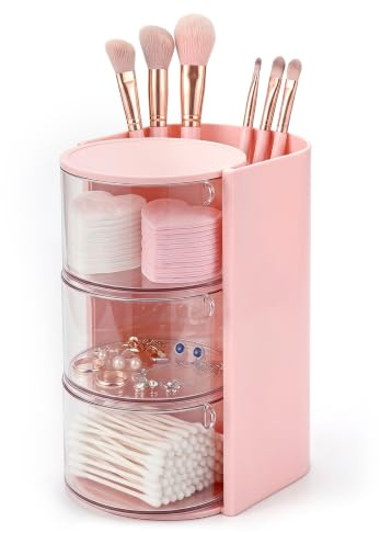 180° Drehteller Schminktisch Organizer 3-stöckiger Pinselhalter Kosmetik | Make up Pinselhalter Transparente Haar-Zubehör Aufbewahrung Für Schmuck, Haarschmuck, Puderquasten, Make-up Pinsel (Rosa)