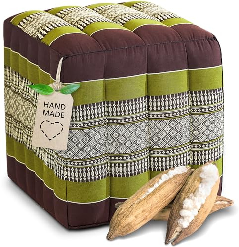 livasia Würfelkissen quadratisch - 40x40x40cm - Sitzhocker mit organischem Kapok, Sitzpouf, Lagerungswürfel viereckig, Bodenkissen Hocker Fußbank Fußhocker handgefertigt (Braun/Grün)