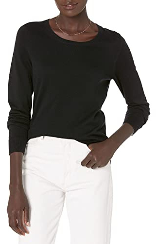 Amazon Essentials Women's Long-Sleeve Lightweight Crewneck Sweater, Flattering (Available in Plus Size), Black, Small
