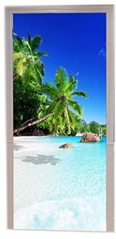 A.Monamour Türtapeten Selbstklebend 3D Strand Bei Praslin Island Tropischer Kokosnussbaum Blauer Ozean Naturlandschaft Türtapete Türposter Tapete 77x200cm