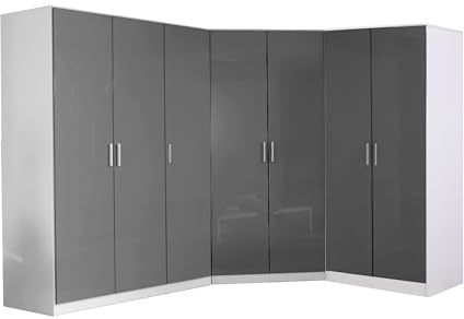 Reflect 3 Piece Bedroom Furniture Bundle - 2 Door CORNER + Triple + Double PLAIN Wardrobes (H: 180cm x W: 179cm x D: 215cm) (Grey Gloss/Matt White)