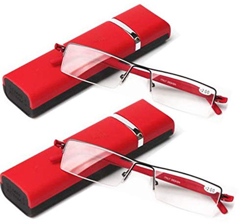 2er Pack Lesebrille Ultraleichte TR90 Unisex Designer Lesebrille Herren Damen Faltbare Halbrahmen Lesebrille mit Box Schwarz Rot Blau Braun Vergrößerungen(rot,+2.5)