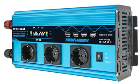 Wechselrichter 3000W /6000W Spannungswandler Reiner Sinus 12V 230V mit 3 Europäische Steckdose und 4 USB-Anschlüsse LCD Spannungsanzeige