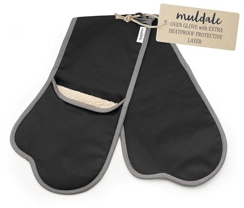 Muldale Black Double Oven Gloves Insulated - Aga Oven Gloves with Thumbs and Terry Towelling - Professional Heavy Duty Pair Mitts for Kitchen - Heat Resistant to 250°C