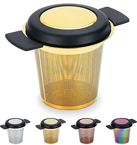 Kyraton Edelstahl-Tee-Ei, Netzsieb, Tee- und Kaffee-Ei, feinmaschige Filter mit großem Fassungsvermögen und perfekter Größe, Doppelgriffe zum Aufhängen an Teekannen, Bechern, Tassen.(Gold)