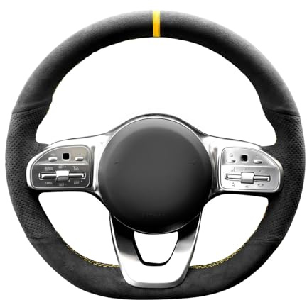 Alfanxi Alcantara-Auto-Lenkradbezug für Mercedes-Benz AMG CLA 35/GLE 43/G-Klasse G 550 (schwarzes Alcantara mit Punkten und gelben Streifen)