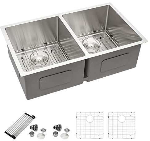 Dcolora 33 Inch Undermount Double Bowl Kitchen Sink 50/50 Split 16 Gauge 304 Stainless Steel Large Double Sinks, 33x19x10 Rounder Corner, DC-U7731
