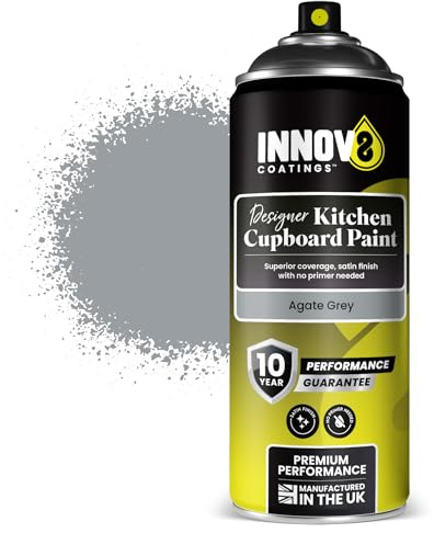 INNOV8 COATINGS DESIGNER KITCHEN CUPBOARD SPRAY PAINT - DIY - NO PRIMER OR TOP COAT - SATIN Finish – 1 x 400 ml - Agate Grey - Fast Dry - CABINET, FURNITURE, WOOD, MDF, PLASTIC & METAL