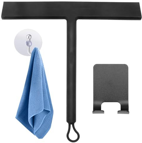 Scettar Duschabzieher Silikon mit Halterung,Abzieher Dusche1 Wandhalterung Ohne Bohren,Rutschfester Abzieher Dusche für Badezimmer,Fenster,Glas,Fliesen,Spiegel(mit Kleine Handtücher und Haken,Schwarz)