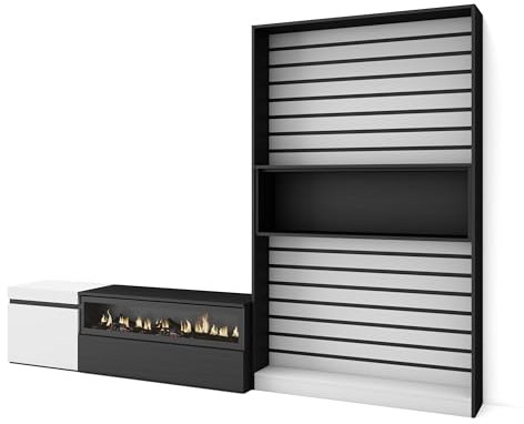 Skraut Home | Wohnwand Wohnzimmer | Wohnzimmermöbel, Möbelset | 260x186x35cm | Für TV-Geräte bis zu 65 | Elektrokamin. Maße | Moderner Stil | Weiß und Schwarz