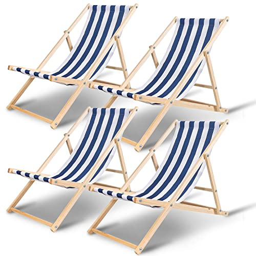 Ansobea Set med 4 solstolar i trä, hopfällbar trädgårdsfåtölj 120 kg max,justerbar solstol trädgård, väderbeständig, solstol, trä, avslappningsstol, trädgård för camping, balkong, pool, blå och vit