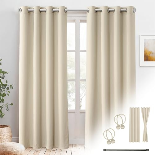 Praktisches Set ohne Bohren: 2x Vorhang + 1x Klemmstange silber 70-120 cm + 2x Raffhalter mit Magnet blickdicht & verdunkelnd, als Raumteiler, Fenster & Tür Beige Thermovorhang 240x135cm