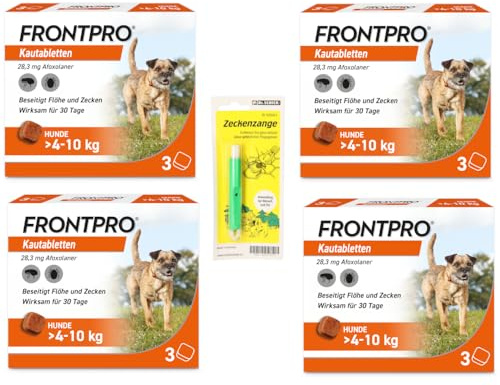 FRONTPRO Kautabletten für Hunde 4-10 kg 12-Monats-Set zum Schutz gegen Zecken und Flöhe mit Zeckenzange: Schützt bis zu 12 Monate