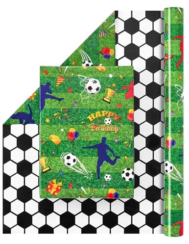 WERNNSAI 1 Rolle Fußball Geschenkpapier 10m x 43cm Sportmotiv | Fußball Geburtstag Partydekoration, Sport Geschenkverpackung für Junge Kinder Reißfest