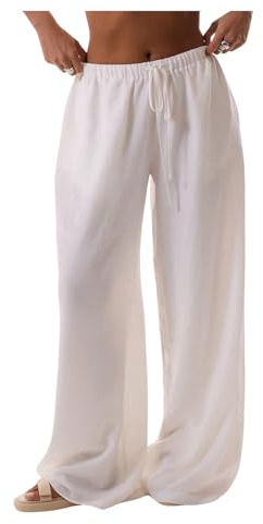 RoseSeek Womens Linen Pants Wide Leg Loose Cotton Swimsuit Coverups Summer Pants Beach Vacation Outfits White M