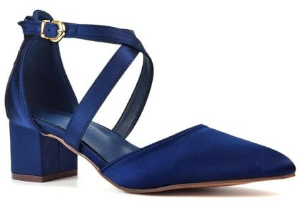 ESSEX GLAM Womens Strappy Ankle Strap Court Shoes Ladies Navy Satin Low Heel Point Toe Close Toe Pumps Size 7