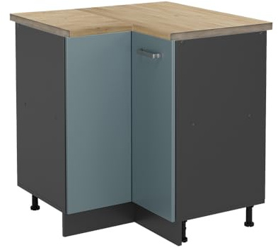 Vicco Eckunterschrank R-Line, Blau-Grau, 75.6 cm | Verbindet zwei Küchenseiten · AP Eiche inkl. · Höhenverstellbare Füße · 1 Einlegeboden · 1 Tür