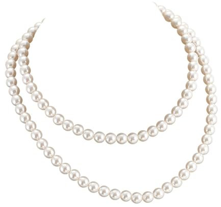 Epinki Halskette Damen Jugendstil, Perle Anhänger Halskette Bead-Kette Damen, Versilbert Edelstahl Halsketten Damen mit Perle, Silber, 85CM