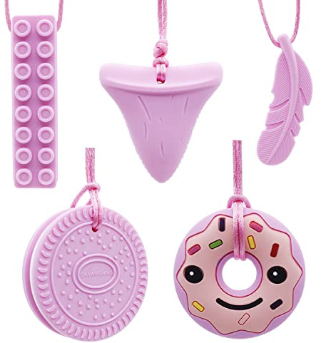GNAWRISHING Chew Necklaces for Sensory Kids 5 Pcs Pink Sensory Chewy Toys for Autism Girls and Boys, ADHD Toddler, Adult