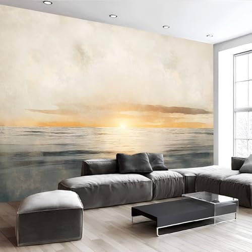 Selbstklebende Tapete Sonnenaufgang am Meer Malerei Selbstklebend Tapete Fototapete 200x140cm Klebetapete Selbstklebend Wand Klebefolie Deko Wasserdichtes