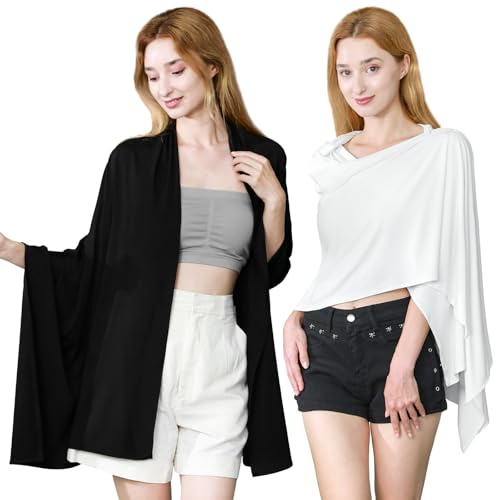 Hahafelt 2 Pcs Sun Shawl for Women UV Sun Protection Travel Shawl Wraps UPF 50+ Beach Summer Travel Scarf(Black,White)