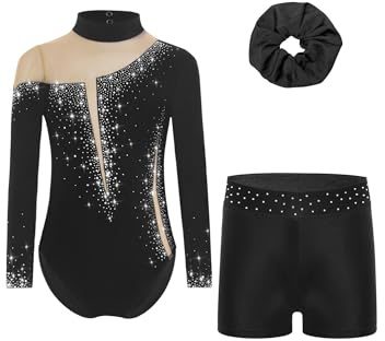 Alvivi Mädchen Turnanzug Glitzer Gymnastikanzug Langarm Gymnastik Leotard mit Kurze Hose Haarband Gymnastikbody Turntrikot Tanzkostüm A Schwarz 158-164
