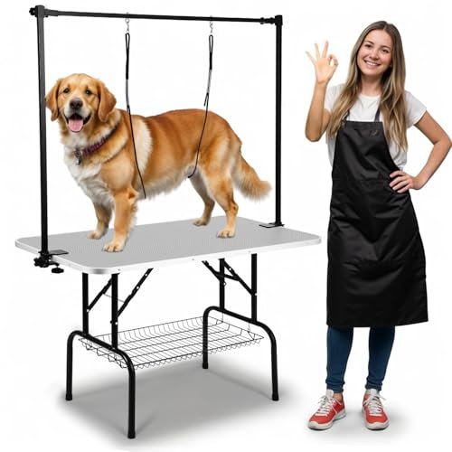Dog Grooming Table, Foldable and Height Adjustable with Arm Noose and Mesh Surface - Ideal for Pet Trimming and Grooming