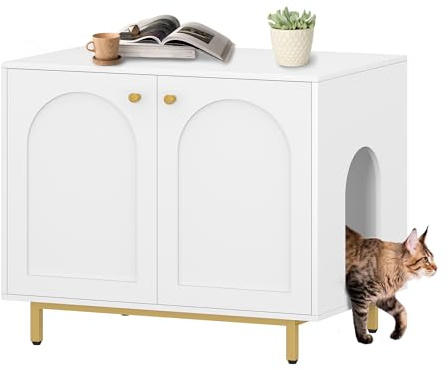 Hzuaneri Casa Della Toilette Per Gatti, Mobile Nascosto, Tavolino in Legno per Animali Domestici, Panca per Armadietto, Adatto Alla Maggior Parte dei Gatti, 80 x 55 x 70 cm, Bianco e Oro CB85003G