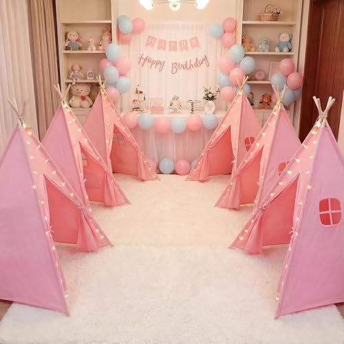 Wilwolfer 6 Pack Teepee Tent for Kids, Foldable Indoor Play Sleepover Tent with Star Lights for Girls Party, Portable Toddler Slumber Party Tents Gift, Pink