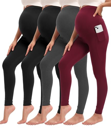 Siimcuzy 4 Pack Women’s Maternity Leggings with Pockets Over The Belly Pregnancy Workout Yoga Pants Activewear 2 Black 1 Heather Grey 1 Wine XX-Large