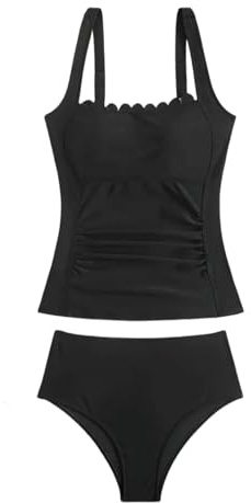 Maillot de bain 2 pièces tankini 2 pièces pour femme avec bord ondulé et haut de bain froncé et slip taille haute, multicolore, L