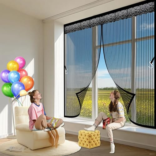 Fliegengitter Balkon 64 x 175 cm Automatisches Schließen, Starke Magnete, Verdickt Ohne Bohren Kinderleichte Montage, Fliegengitter Magnet, mit Nylonband für Alle Fenster, Schwarz