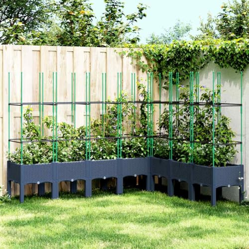 Jardinière avec Treillis en Polypropylène, Design Pratique, Jardinières Extérieur, Bac à Fleurs Extérieur, Jardinière Balcon, Treillis pour Plantes Grimpantes, Bleu-Gris, 200 x 160 x 142.5 cm