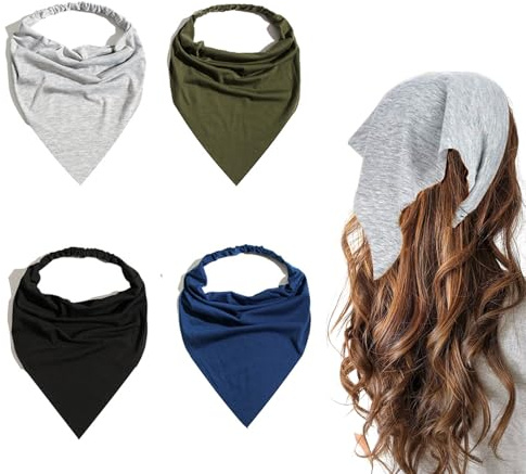 PEKLLOCY 4 Pack Boho Bandana, Kopftuch Sommer, Triangle Haartuch zum Binden | Chiffon Kopftücher, Stylish Bandanas（Black, gray, dark green, blue）