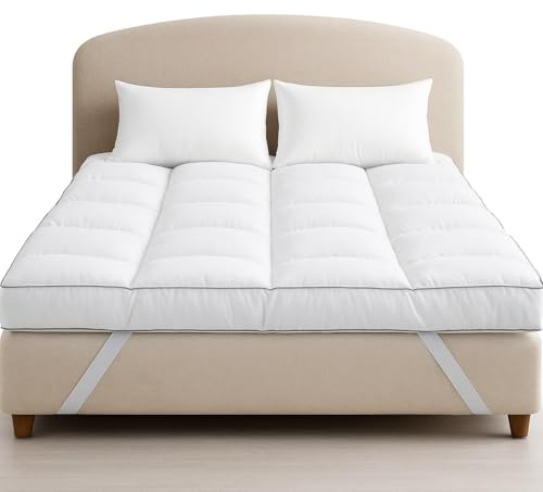 10cm Extra Thick Firm Mattress Topper Double Bed - Box Stitched, Hotel Quality Quilted Toppers - Comfy Cloud Heavy Fill Back Support Pain Relief Fitted Bed Cover Strong Elastic Straps