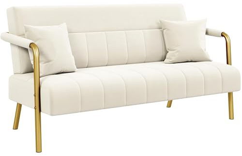 Yaheetech Divano Imbottito a 2 Posti in Velluto Divanetto da Salotto con Braccioli 143,5 cm × 71,5 cm × 75,5 cm Sofa Moderno con 2 Cuscini Divano per Soggiorno Camera da Letto Beige